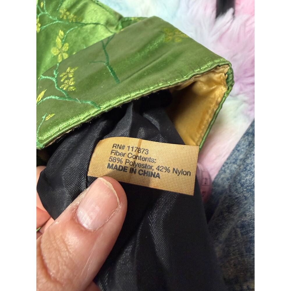 Vintage Green Satin Floral Bamboo Handle Bag Small Handbag - Picture 7 of 11